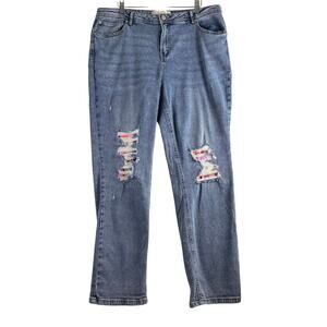 Cato High Rise Straight Jeans Womens 14 Acid Light Wash Distressed Plaid Stretch